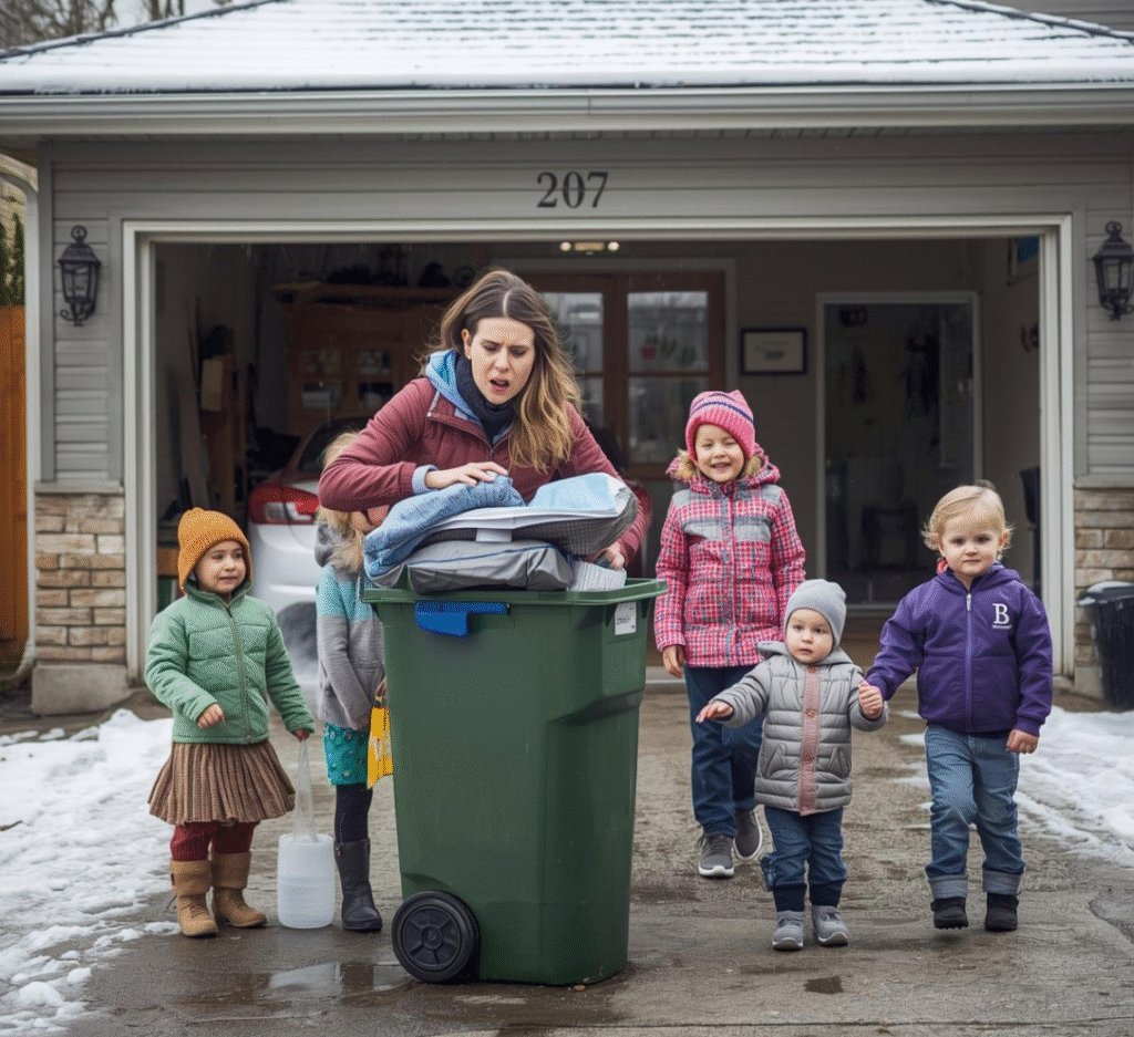 Trash Day Made Simple: Curbside Service and Bin Cleaning in One 2 Woman with five children dragging a garbage bin to the curb, looking frustrated.