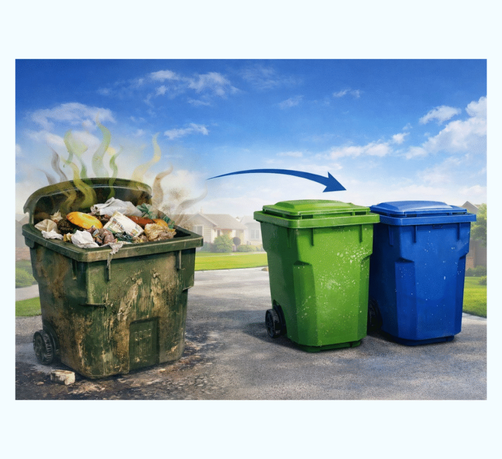 Three trash bins outdoors, one overflowing with dirty and smelly waste, compared to two clean, sanitized, and deodorized trash bins after professional bin cleaning service