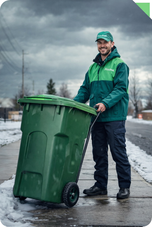 Person standing outdoors next to a green garbage bin, representing responsible waste management